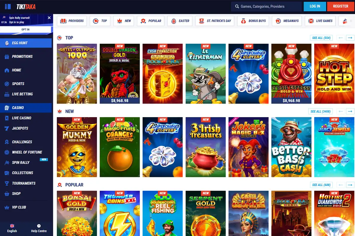 Lobby de Tikitaka Casino México con tragamonedas y categorías de juegos