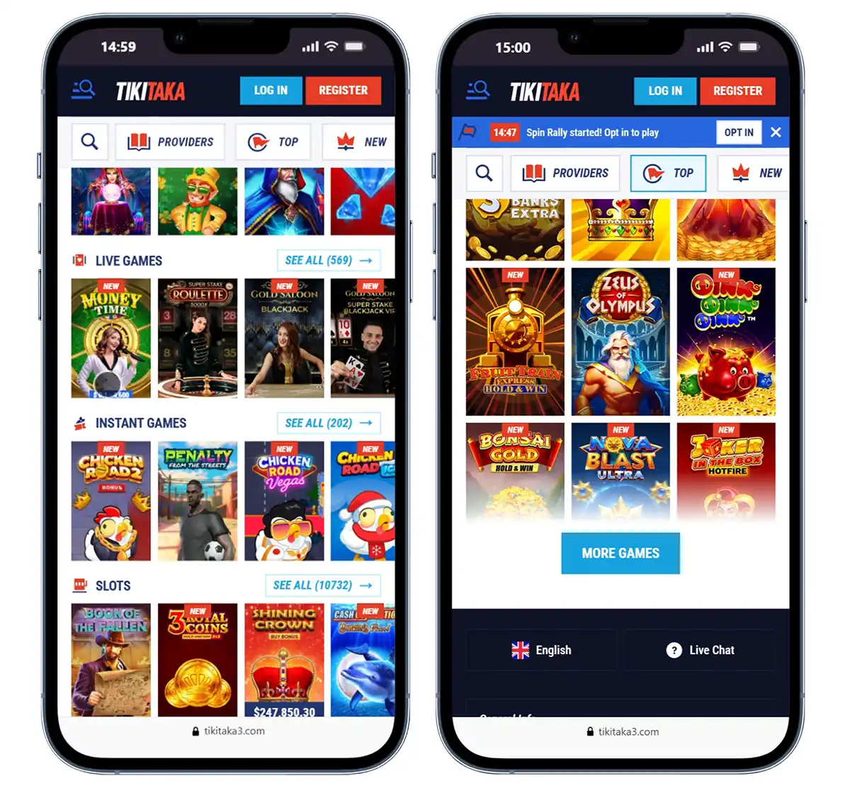 Interfaz móvil de Tikitaka Casino México con tragamonedas, casino en vivo y navegación